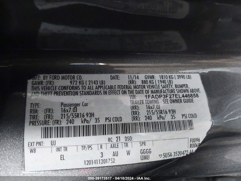 2014 Ford Focus Se VIN: 1FADP3F27EL446858 Lot: 39253316