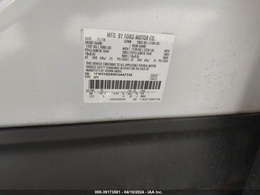 VIN 1FM5K8D80KGA47338 2019 FORD EXPLORER XLT