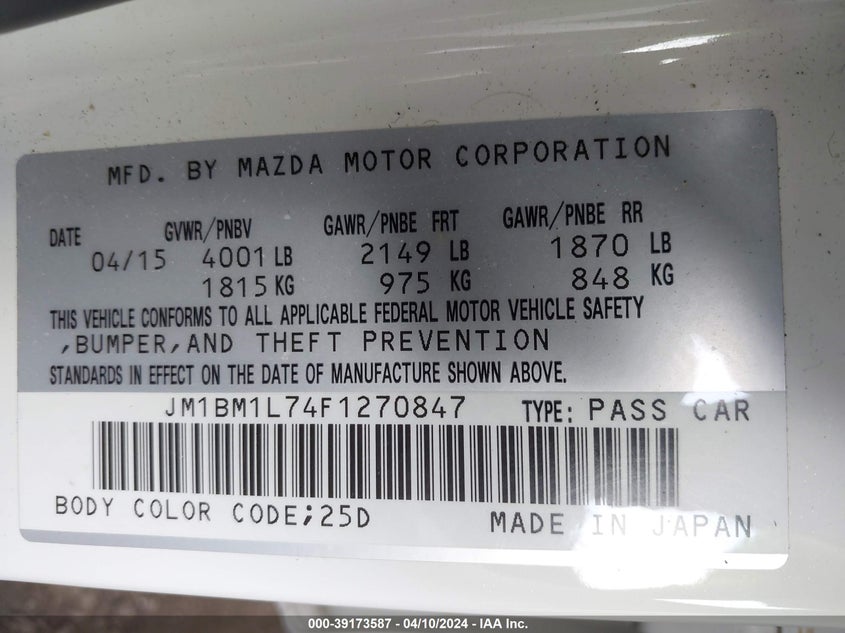 2015 MAZDA MAZDA3 I TOURING - JM1BM1L74F1270847