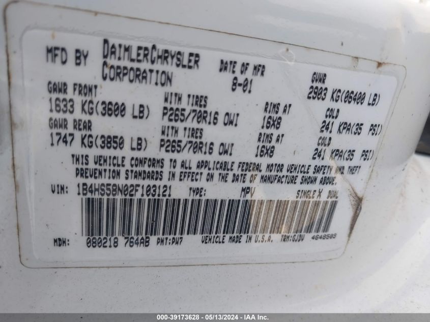 2002 Dodge Durango Slt Plus VIN: 1B4HS58N02F103121 Lot: 39173628