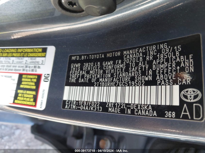 2016 TOYOTA COROLLA L/LE/LE PLS/PRM/S/S PLS - 2T1BURHE7GC519502