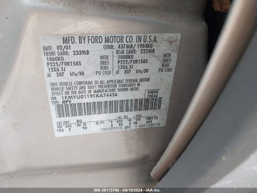 2001 Ford Escape Xls VIN: 1FMYU01191KA74436 Lot: 39253237