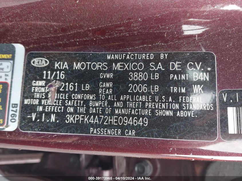 3KPFK4A72HE094649 | 2017 KIA FORTE