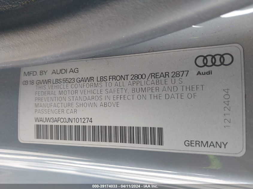 WAUW3AFC0JN101274 2018 Audi A7 3.0T Premium Plus