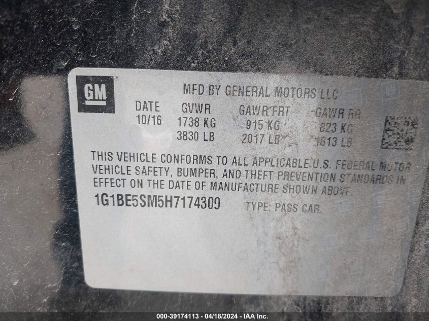 2017 Chevrolet Cruze Lt Auto VIN: 1G1BE5SM5H7174309 Lot: 39174113