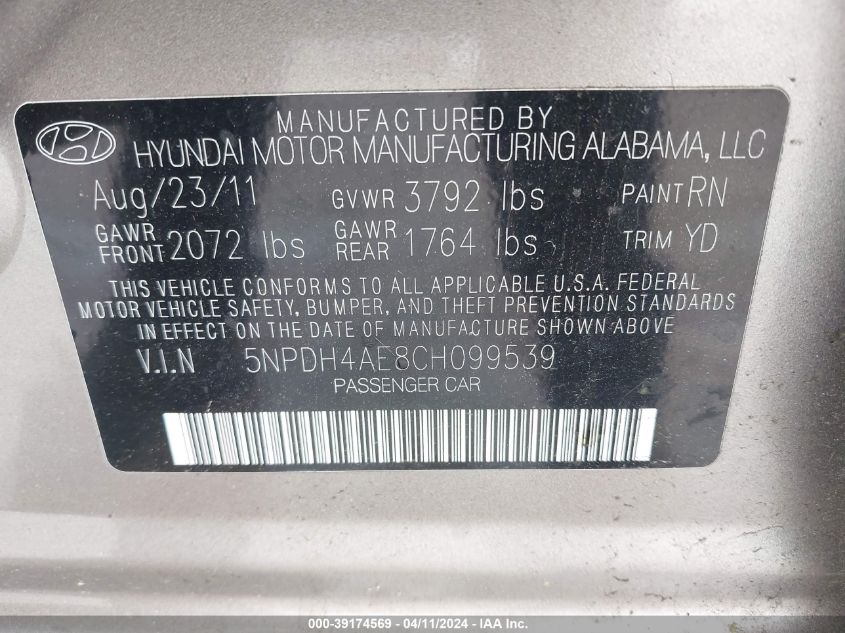 5NPDH4AE8CH099539 | 2012 HYUNDAI ELANTRA