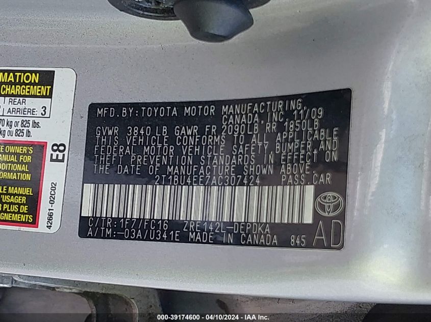 2T1BU4EE7AC307424 | 2010 TOYOTA COROLLA