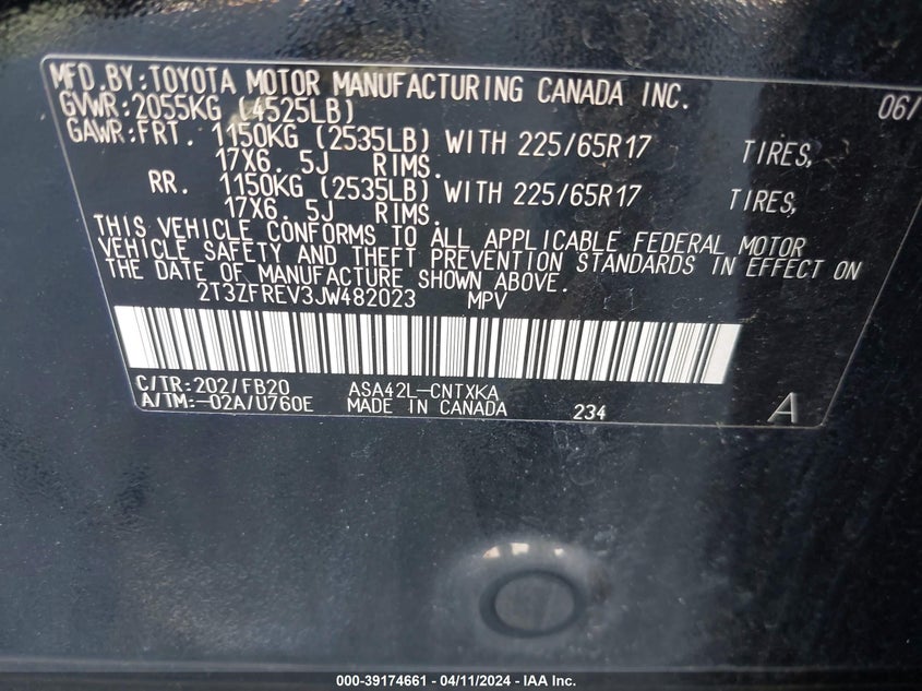 VIN 2T3ZFREV3JW482023 2018 TOYOTA RAV4 LE