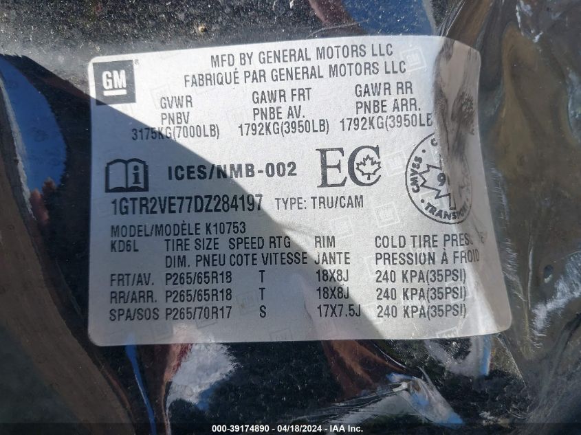 2013 GMC Sierra 1500 Sle VIN: 1GTR2VE77DZ284197 Lot: 39174890