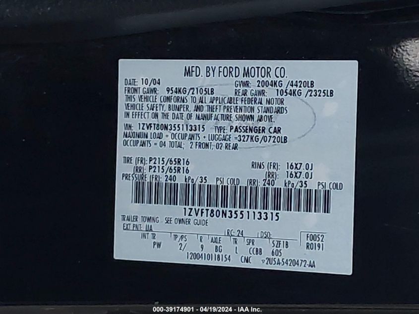 2005 Ford Mustang V6 Deluxe/V6 Premium VIN: 1ZVFT80N355113315 Lot: 39174901