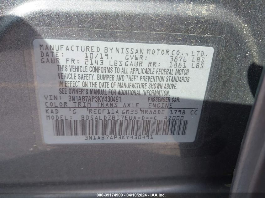 3N1AB7AP3KY430491 | 2019 NISSAN SENTRA