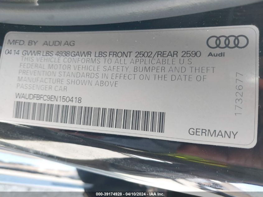 2014 Audi A6 2.0T Premium VIN: WAUDFBFC9EN150418 Lot: 39174928