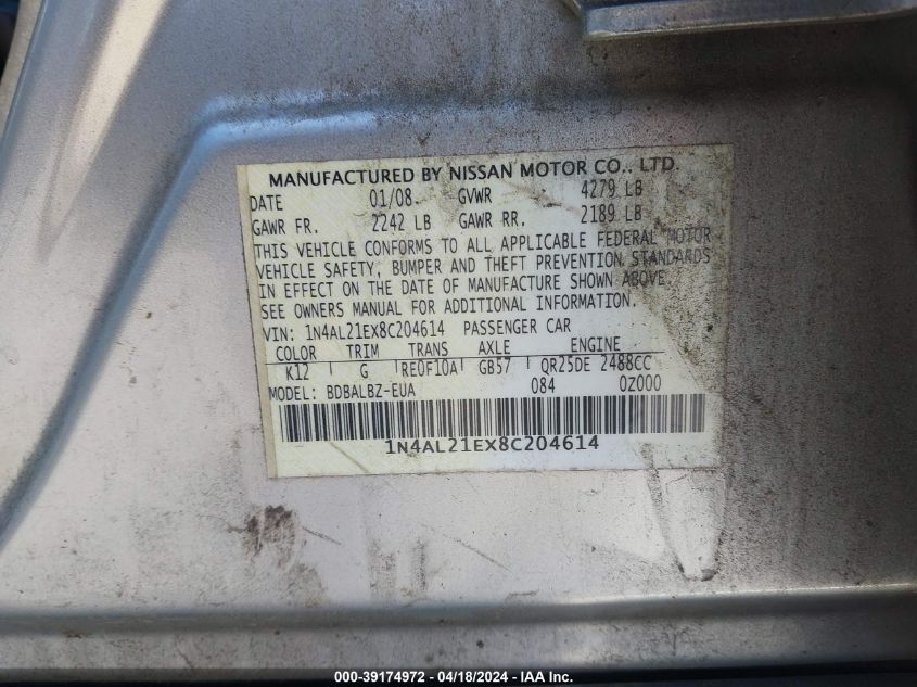 2008 Nissan Altima 2.5 S VIN: 1N4AL21EX8C204614 Lot: 39253798