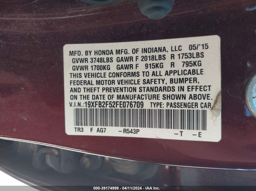 2015 Honda Civic Lx VIN: 19XFB2F52FE076709 Lot: 39174999