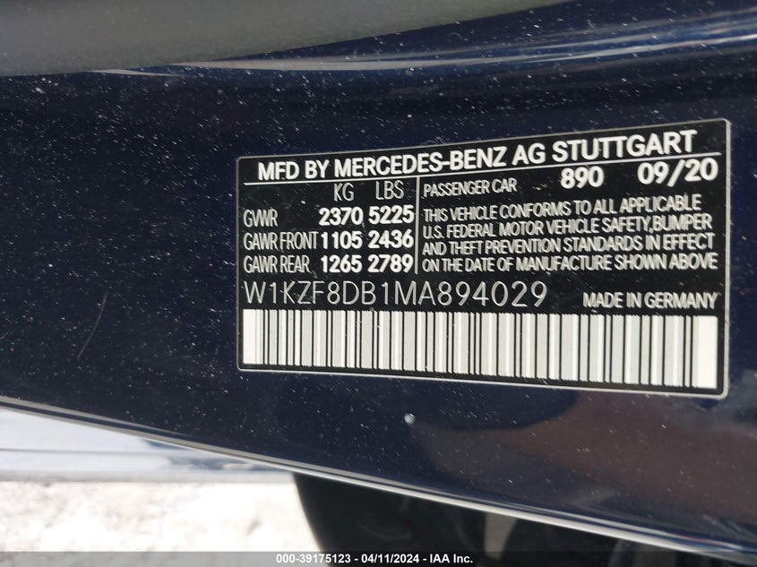 VIN W1KZF8DB1MA894029 2021 MERCEDES-BENZ E 350