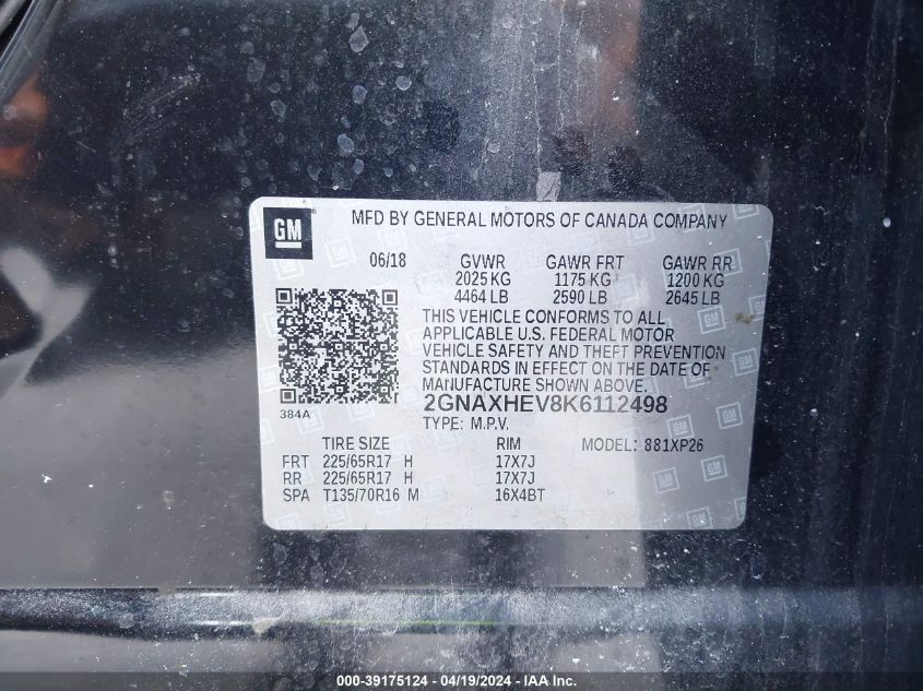 2019 Chevrolet Equinox Ls VIN: 2GNAXHEV8K6112498 Lot: 39175124