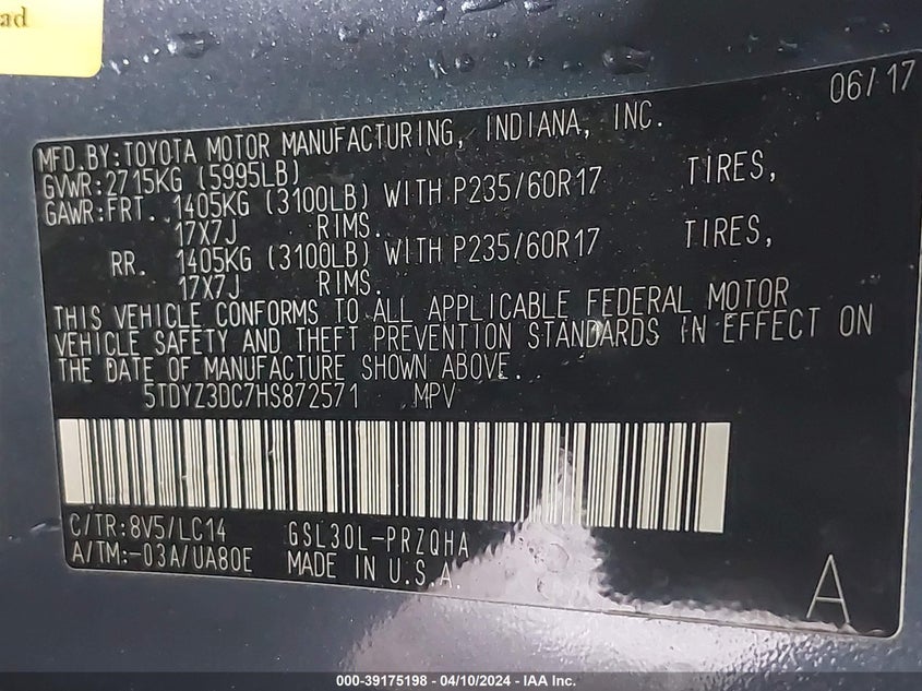VIN 5TDYZ3DC7HS872571 2017 TOYOTA SIENNA XLE 8 PASSENGER