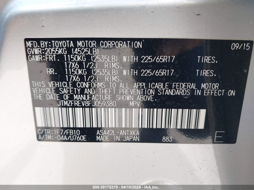 2015 TOYOTA RAV4 LE - JTMZFREV8FJ059380