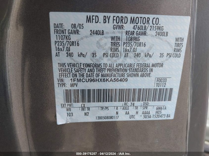 1FMCU96HX6KA56409 2006 Ford Escape Hybrid