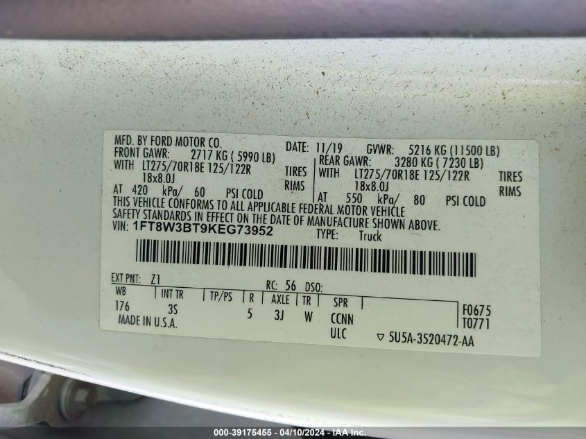 2019 Ford F-350 Xlt VIN: 1FT8W3BT9KEG73952 Lot: 39175455