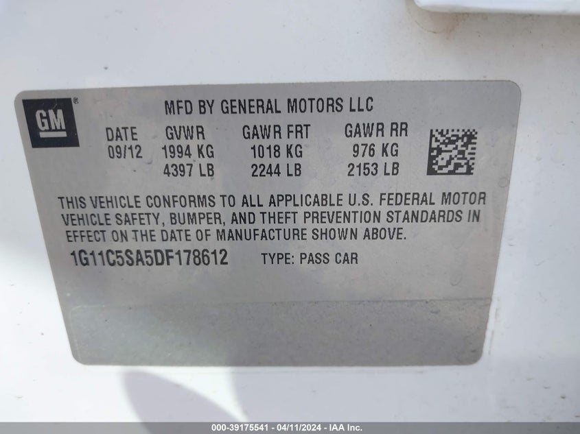 2013 CHEVROLET MALIBU 1LT - 1G11C5SA5DF178612