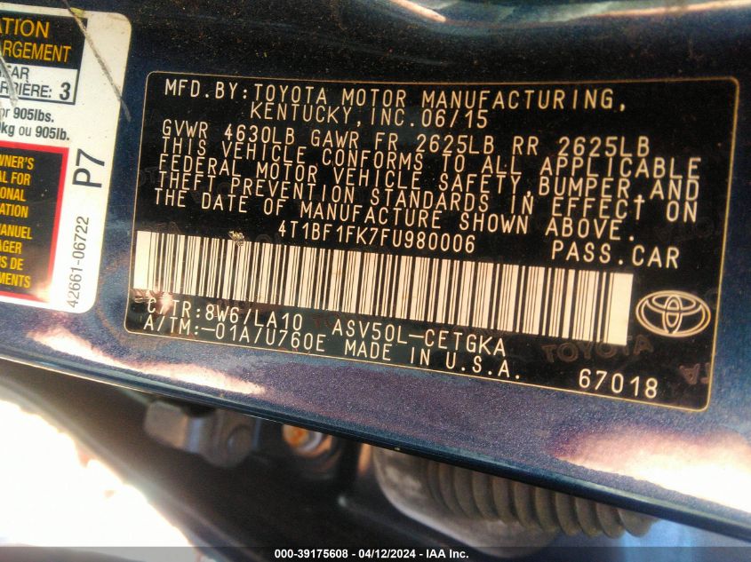 VIN 4T1BF1FK7FU980006 2015 Toyota Camry, Xle no.9