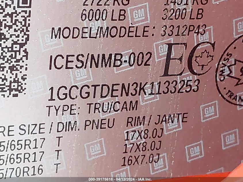VIN 1GCGTDEN3K1133253 2019 CHEVROLET COLORADO Z71