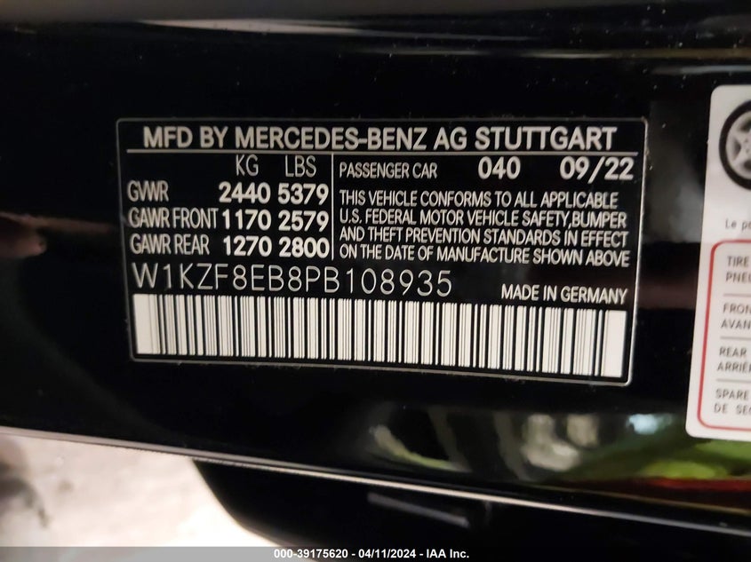 2023 MERCEDES-BENZ E 350 VIN: W1KZF8EB8PB108935