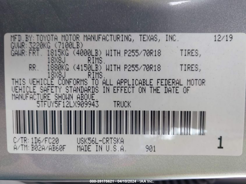 VIN 5TFUY5F12LX909943 2020 TOYOTA TUNDRA no.9