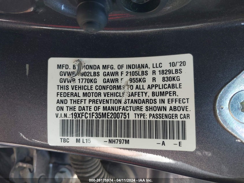 2021 HONDA CIVIC 1.5L I-4 DI, DOHC, V(VIN: 19XFC1F35ME200751