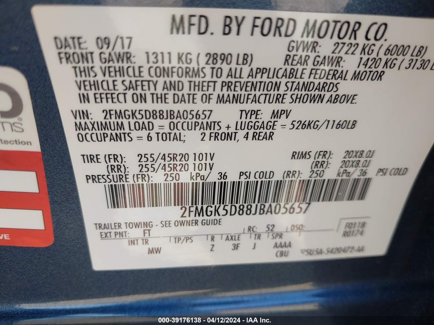 VIN 2FMGK5D88JBA05657 2018 FORD FLEX LIMITED