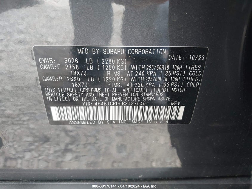VIN 4S4BTGPD0R3187040 2024 SUBARU OUTBACK TOURING XT