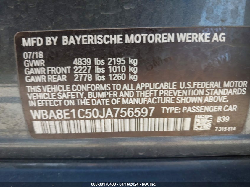 2018 BMW 330E IPERFORMANCE - WBA8E1C50JA756597