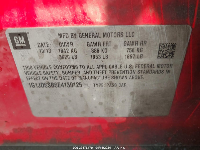 2014 CHEVROLET SONIC LT MANUAL - 1G1JD6SB6E4130125