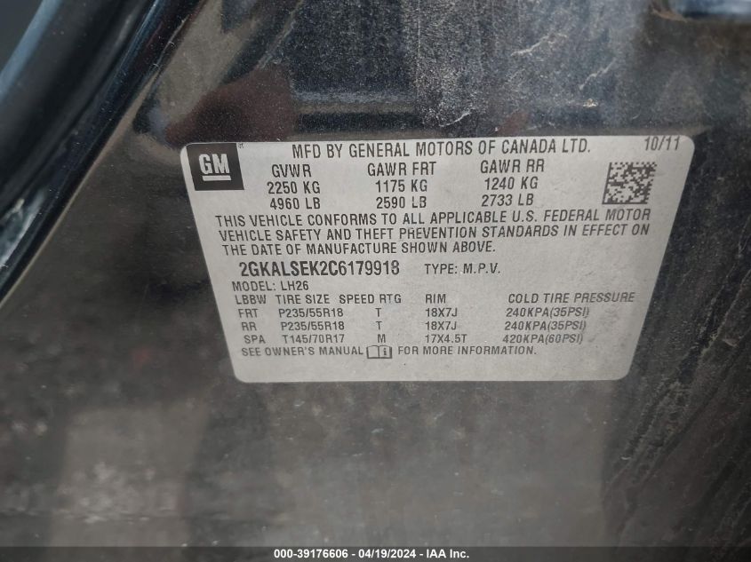 2012 GMC Terrain Sle-2 VIN: 2GKALSEK2C6179918 Lot: 39176606