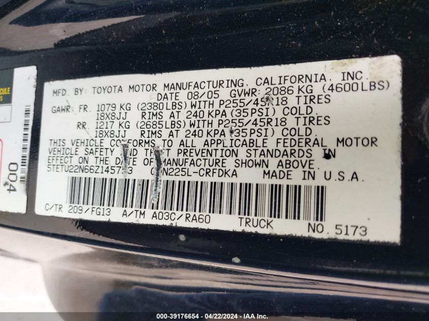 2006 Toyota Tacoma V6 VIN: 5TETU22N66Z145753 Lot: 39176654