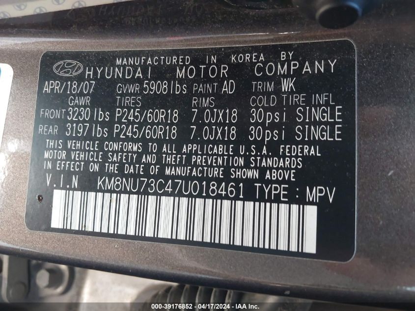 2007 Hyundai Veracruz Gls/Limited/Se VIN: KM8NU73C47U018461 Lot: 39176852