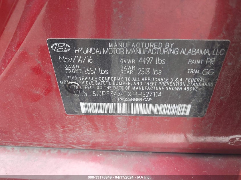 VIN 5NPE34AFXHH527114 2017 HYUNDAI SONATA SPORT