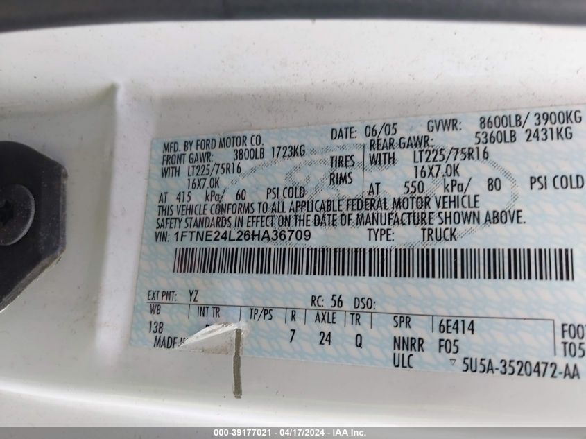 2006 Ford E-250 Commercial/Recreational VIN: 1FTNE24L26HA36709 Lot: 39177021