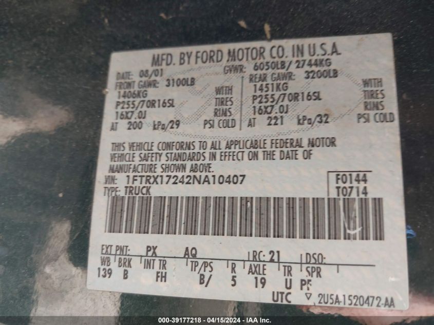 2002 Ford F-150 Xl/Xlt VIN: 1FTRX17242NA10407 Lot: 39177218