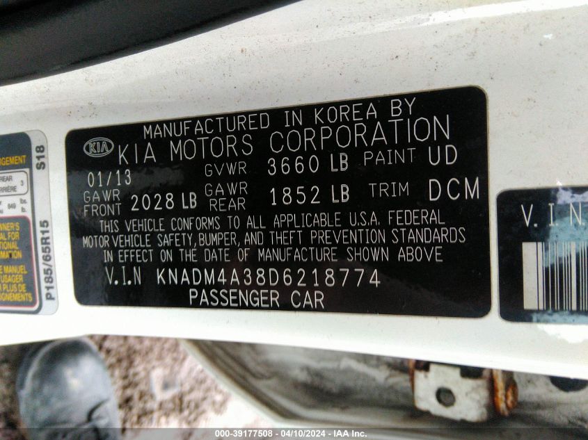 KNADM4A38D6218774 | 2013 KIA RIO