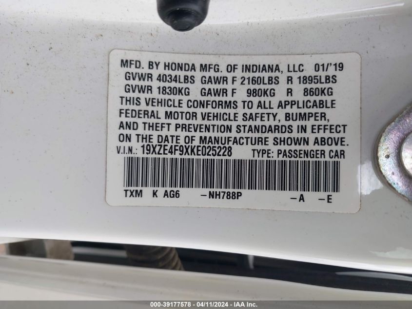 2019 Honda Insight Touring VIN: 19XZE4F9XKE025228 Lot: 39177578