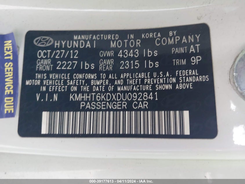 2013 HYUNDAI GENESIS 2.0T - KMHHT6KDXDU092841