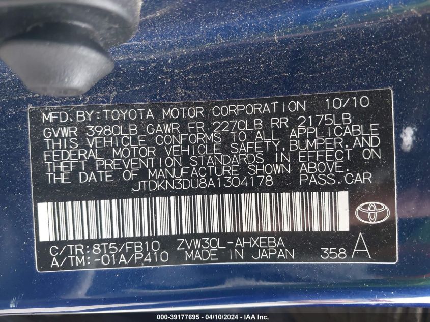 JTDKN3DU8A1304178 | 2010 TOYOTA PRIUS