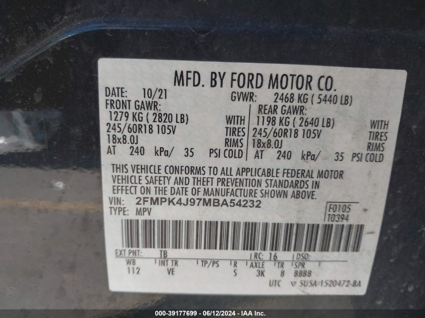 2021 Ford Edge Sel VIN: 2FMPK4J97MBA54232 Lot: 39177699