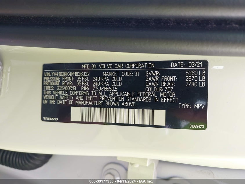 VIN YV4102RK4M1836332 2021 VOLVO XC60 T5 MOMENTUM