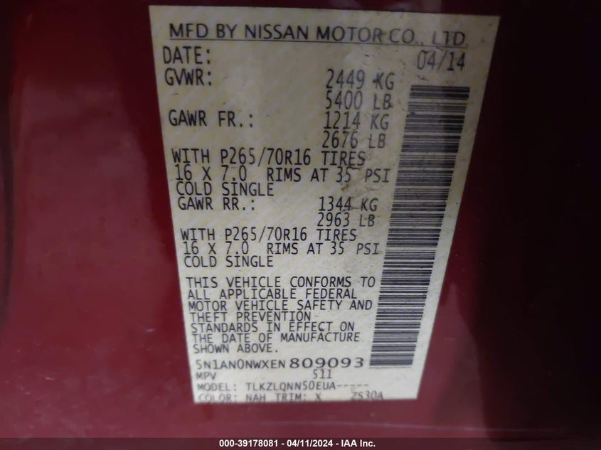 2014 NISSAN XTERRA X/S/PRO-4X - 5N1AN0NWXEN809093