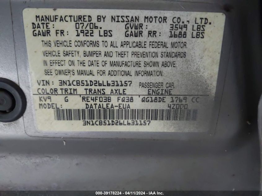 3N1CB51D26L631157 | 2006 NISSAN SENTRA