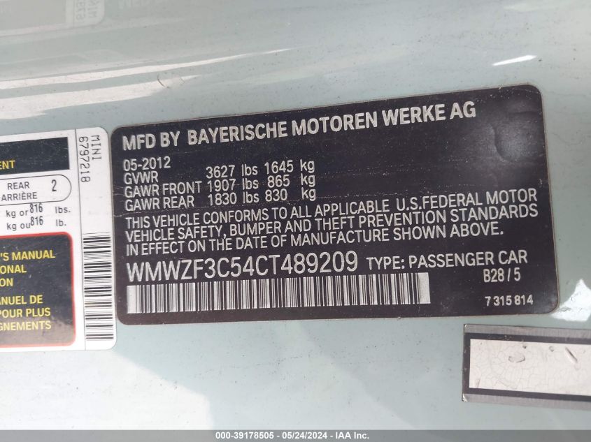 2012 Mini Cooper Clubman VIN: WMWZF3C54CT489209 Lot: 39178505