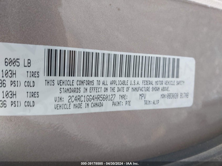 VIN 2C4RC1GG4HR560127 2017 CHRYSLER PACIFICA LIMITED